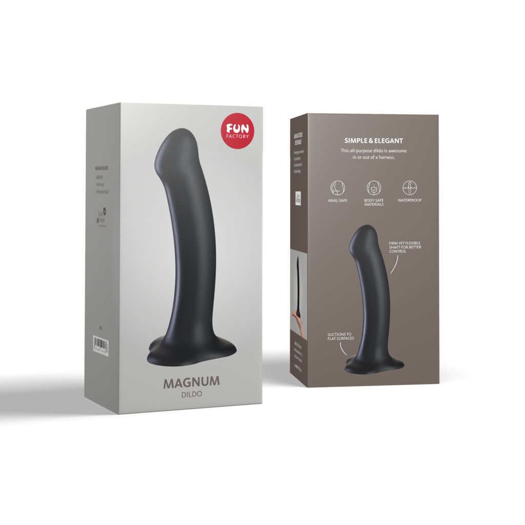 Black Magnum dildo with suction base on packaging.