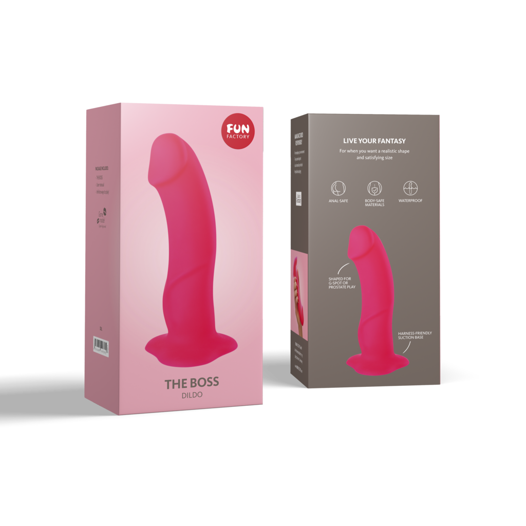 Pink packaging of The Boss realistic G-Spot dildo with suction base by Fun Factory.