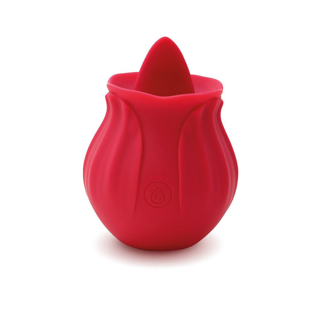 A red silicone vibrator shaped like a rosebud with a pointed tip.