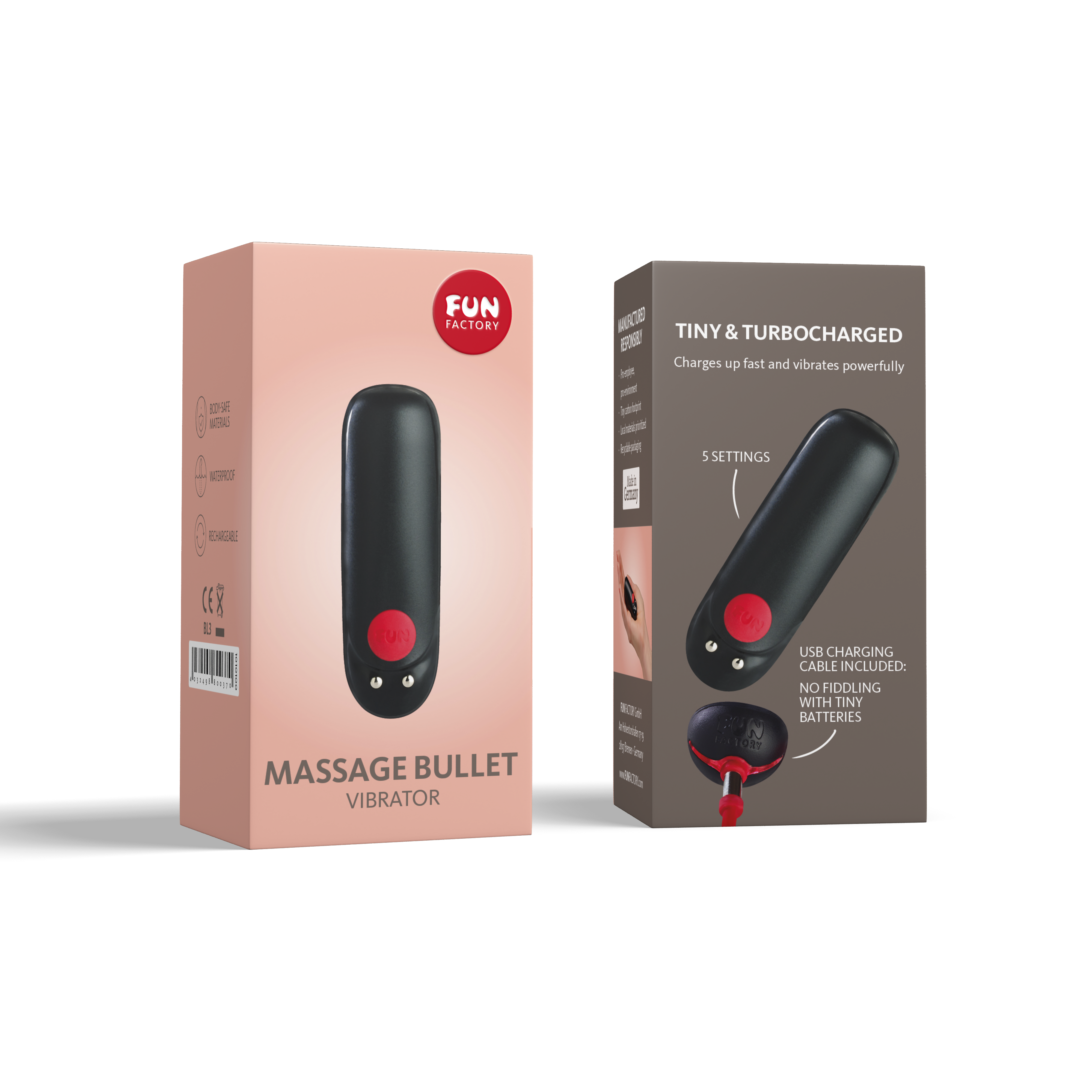 Fun Factory Massage Bullet vibrator with 5 settings and USB charging.