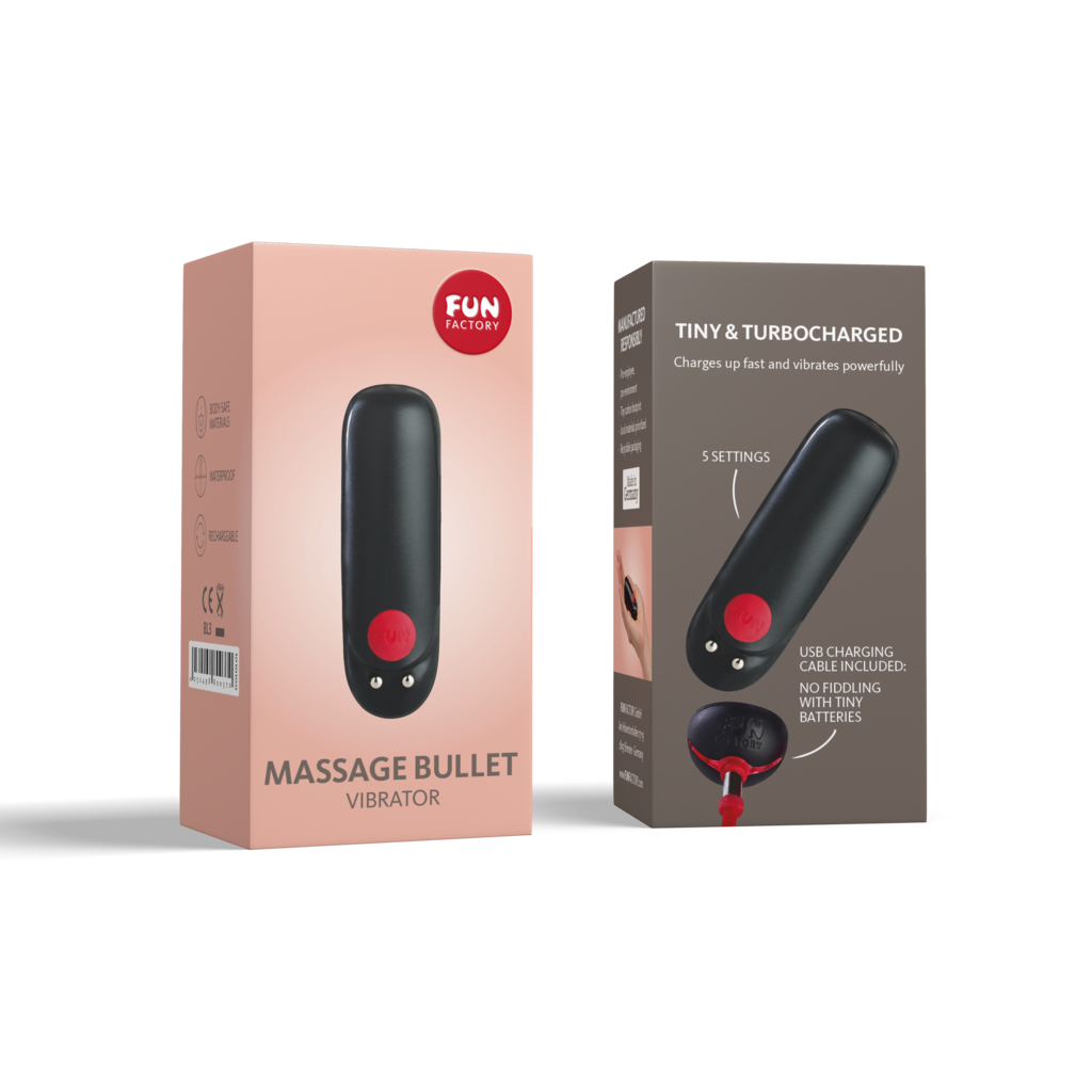 Fun Factory Massage Bullet vibrator with USB charging cable.