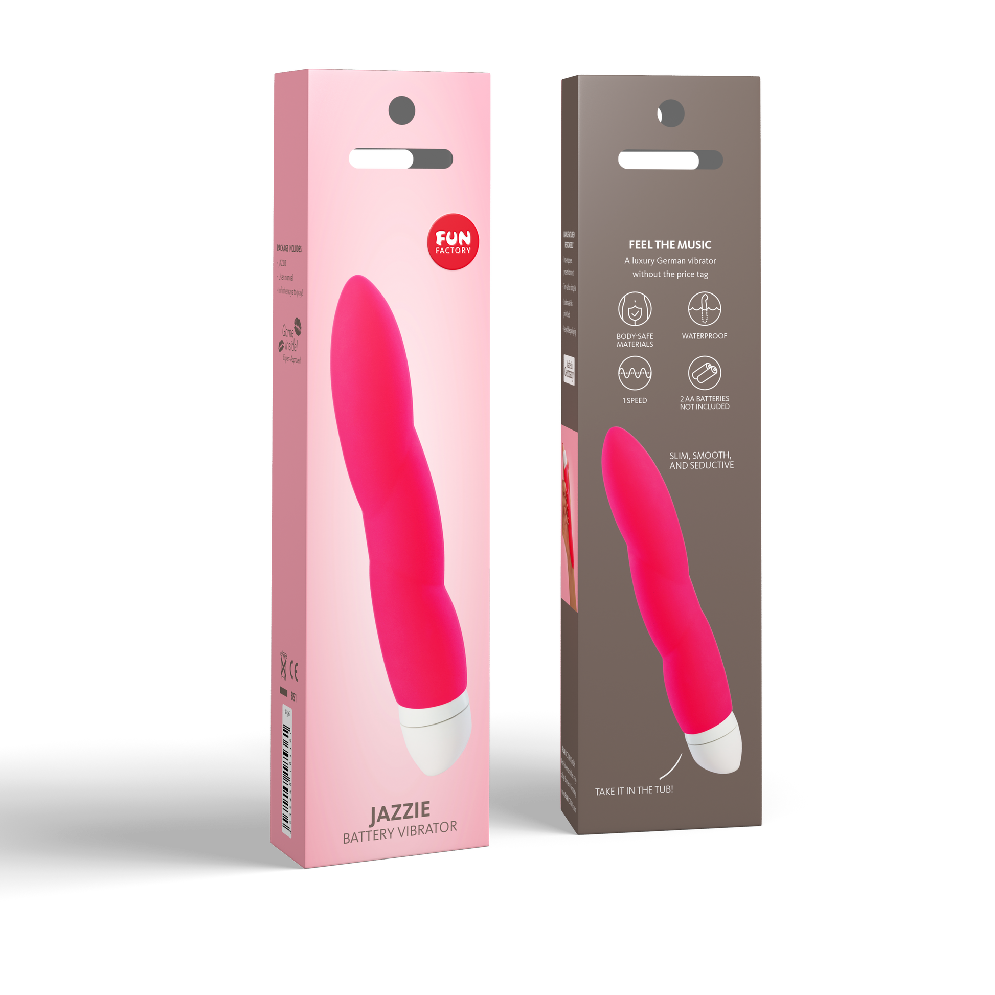 Pink Fun Factory Jazzie battery-operated G-spot vibrator in packaging.