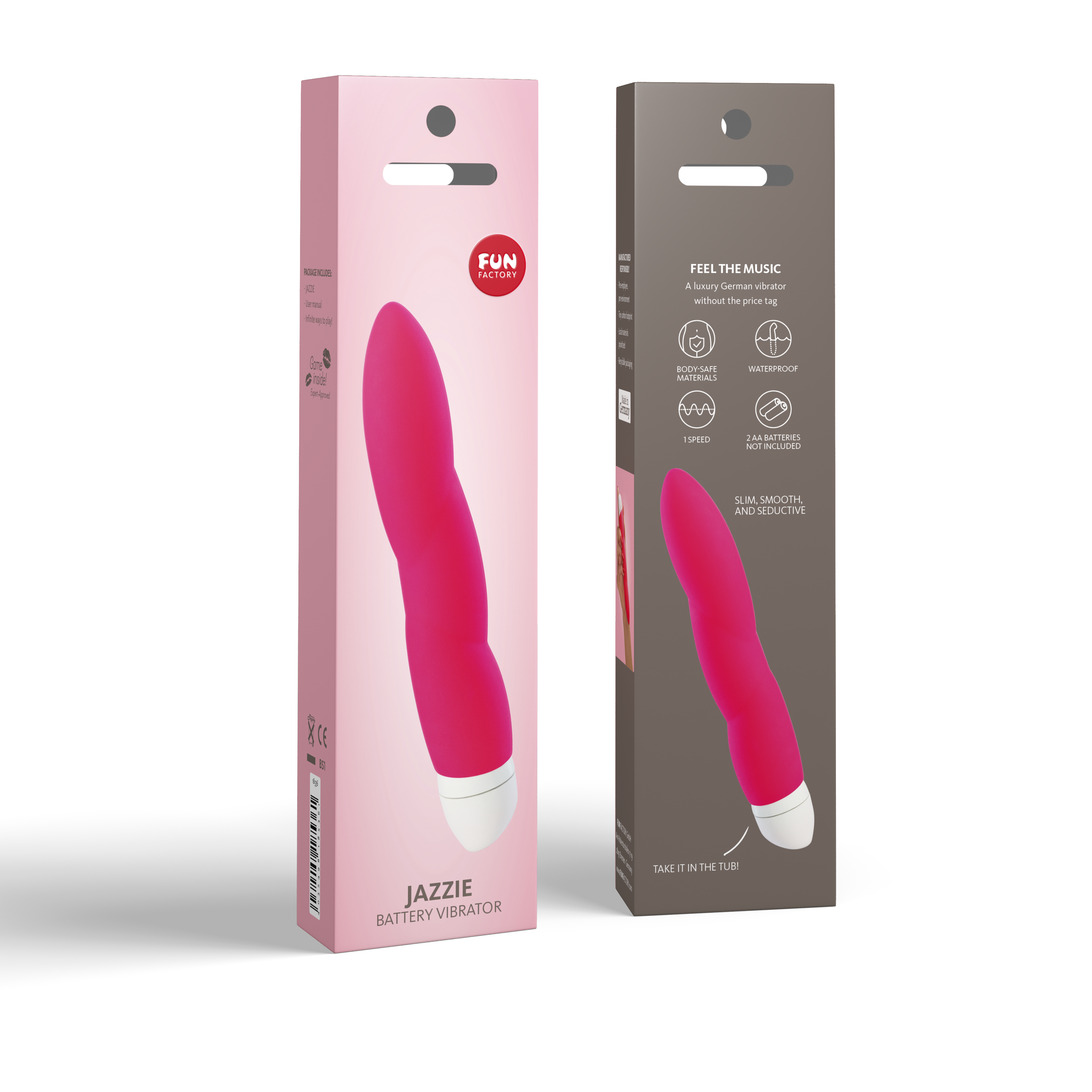 Pink Fun Factory Jazzie battery-operated G-spot vibrator in packaging.