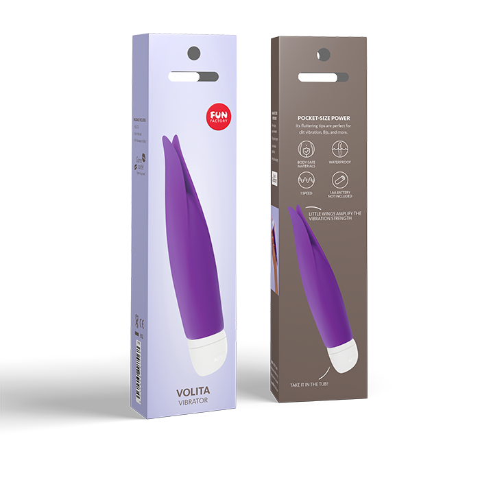 Purple clitoral vibrator in packaging with product details.