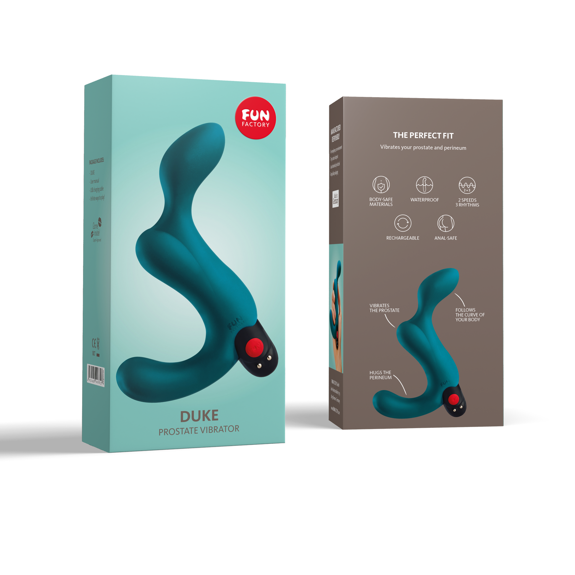 Fun Factory Duke prostate vibrator in teal on packaging.