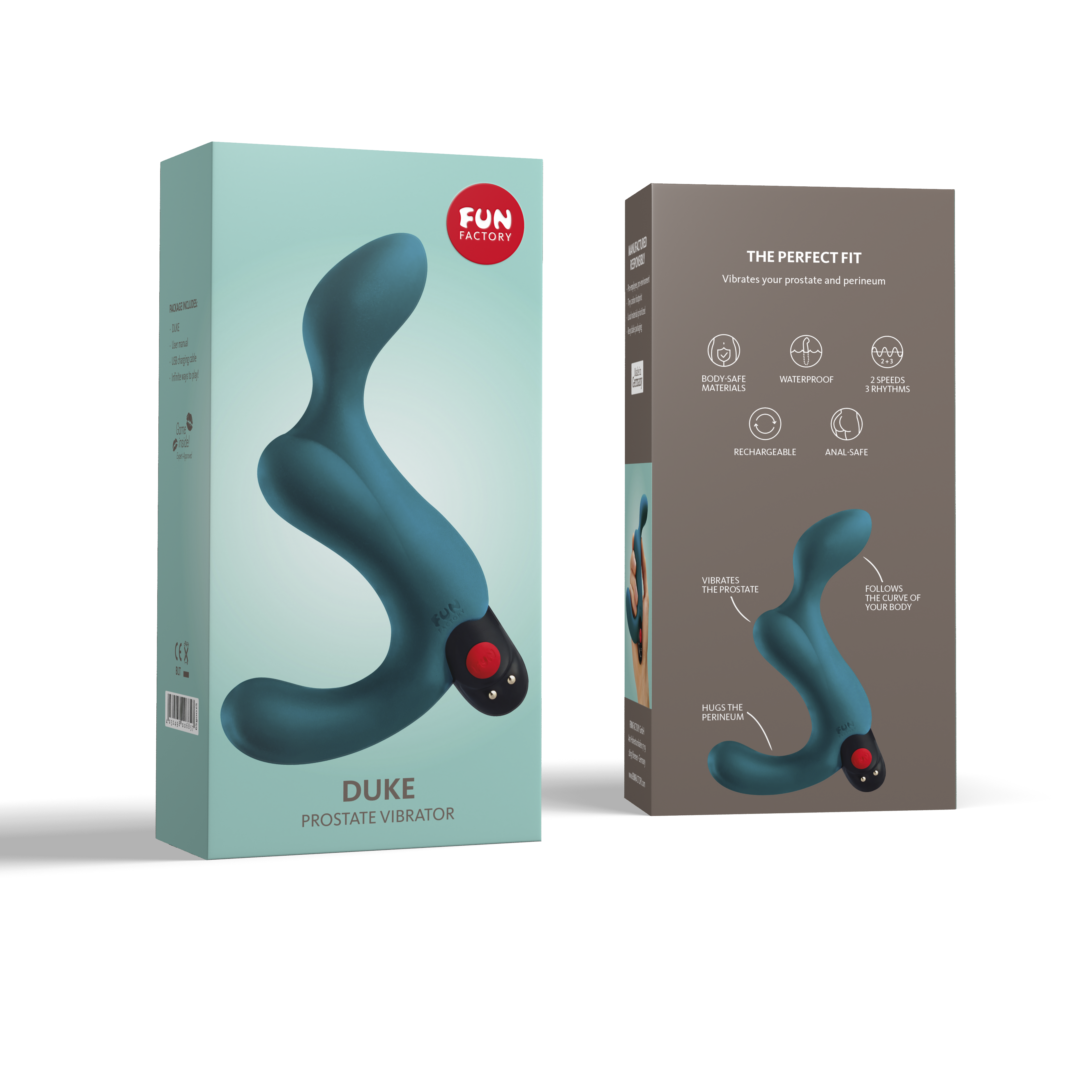 Fun Factory Duke prostate vibrator in teal on packaging.