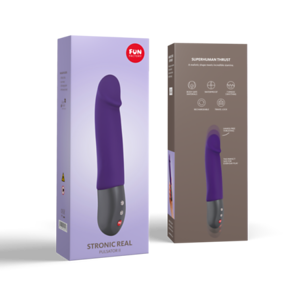 Purple and grey realistic thrusting G-spot massager in packaging.