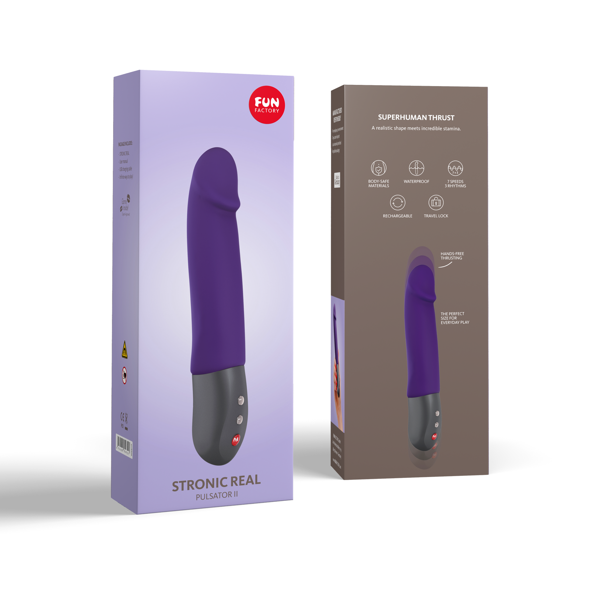 Purple Fun Factory Stronic Real thrusting G-spot massager in its box.