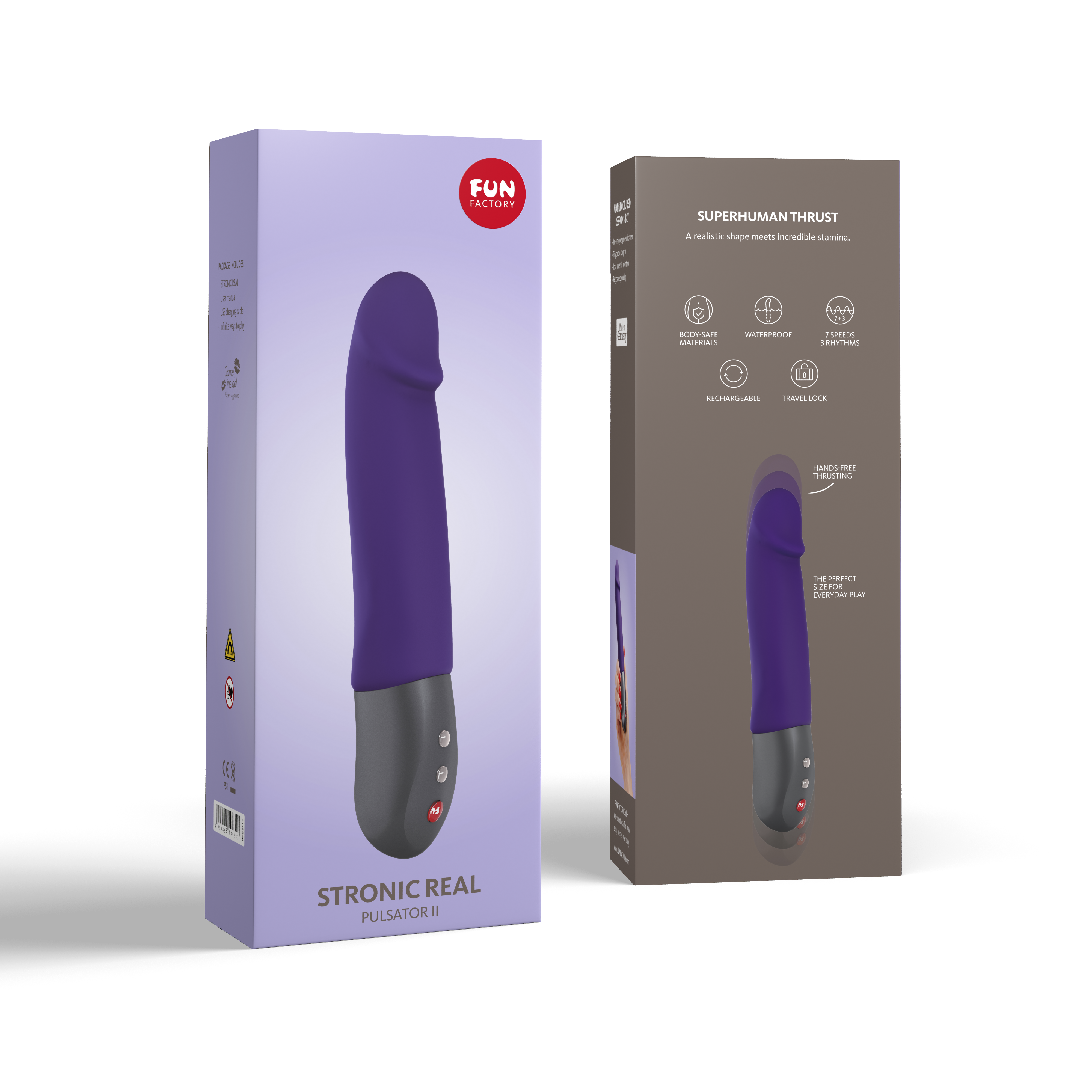 Purple Fun Factory Stronic Real thrusting G-spot massager in its box.