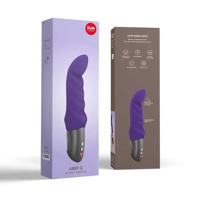 Purple Abby G-Spot vibrator in its packaging.