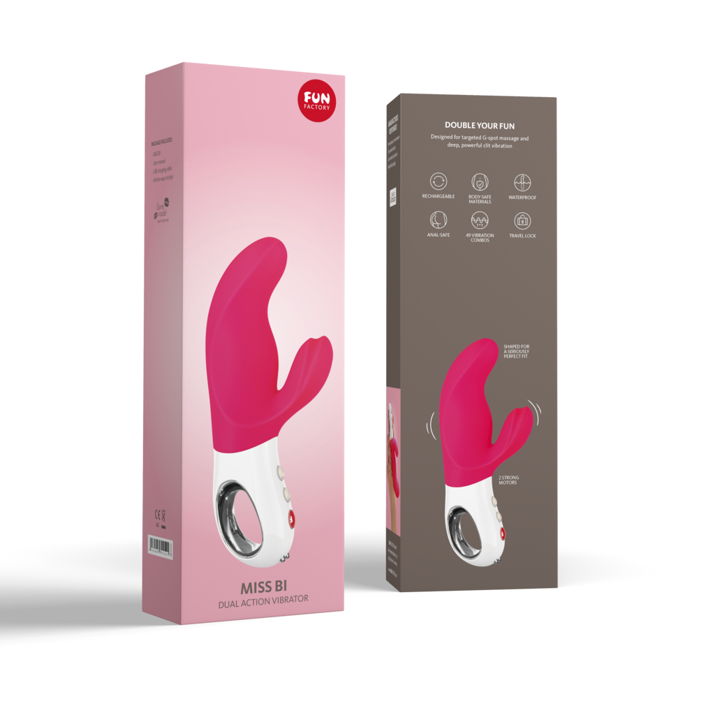 Pink and white dual action vibrator with a curved shape.