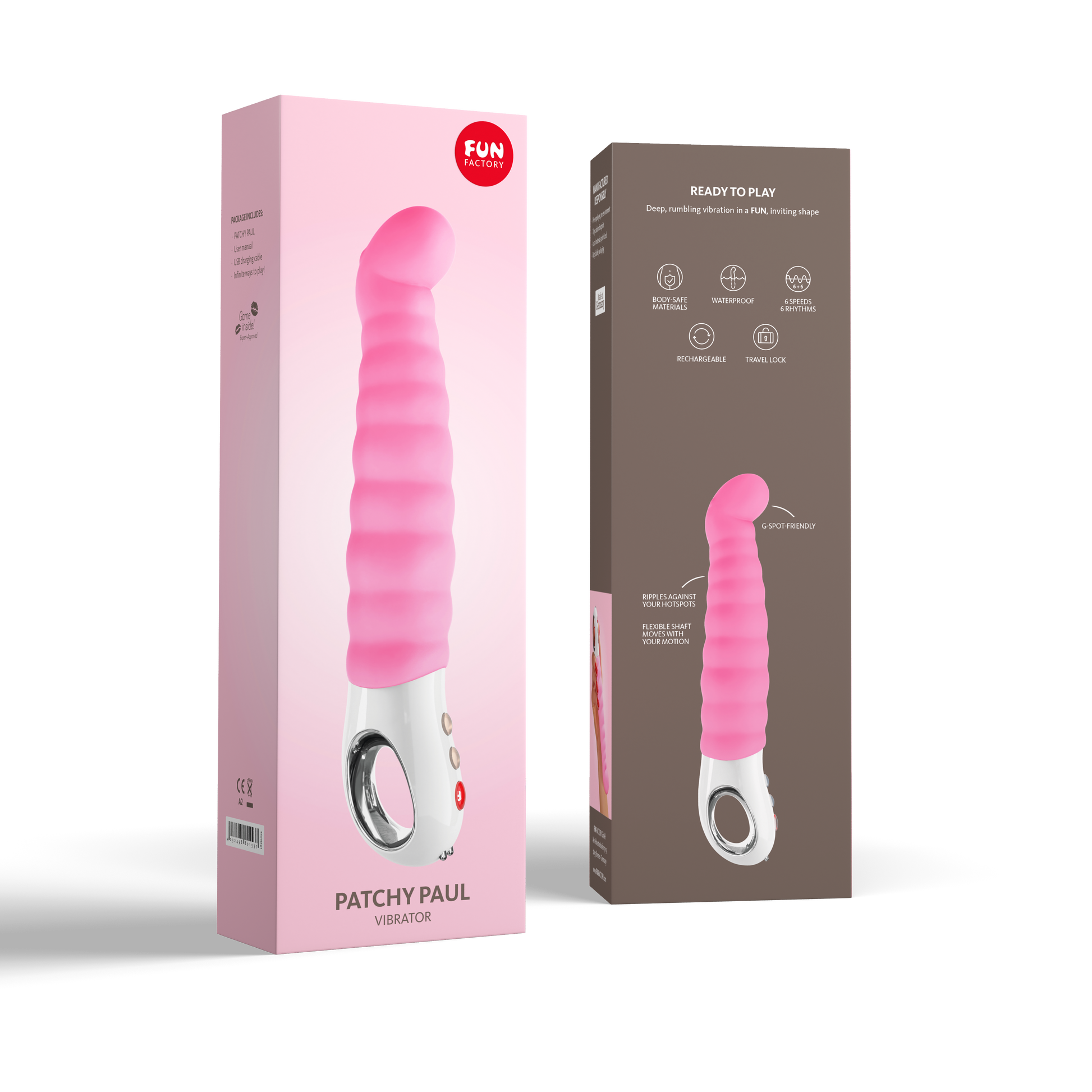 Pink curved Patchy Paul G-spot vibrator with rippled flexible shaft and loop handle on box.