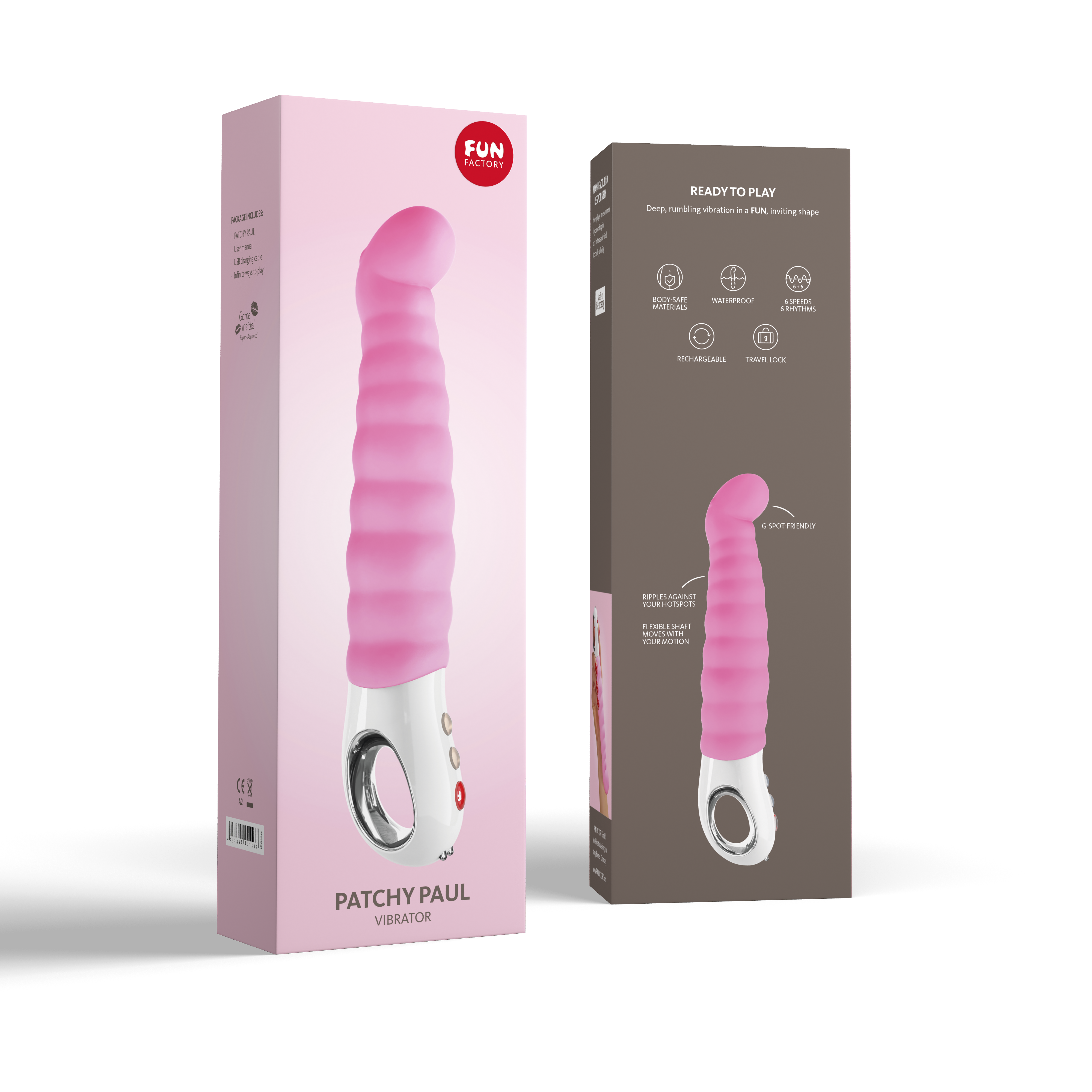 Pink curved Patchy Paul G-spot vibrator with rippled flexible shaft and loop handle on box.