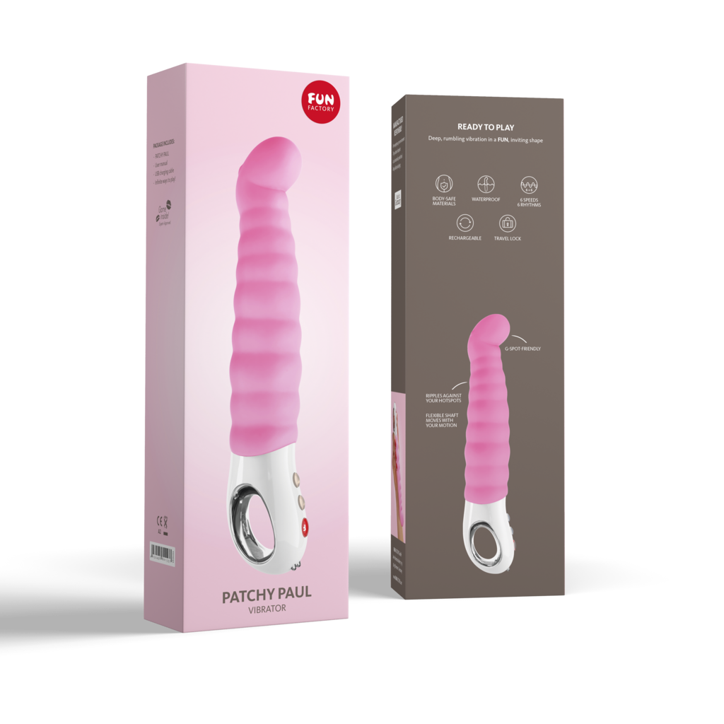 Pink Patchy Paul curved G-spot vibrator with rippled flexible shaft and loop handle on box.