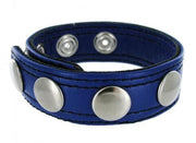Blue leather cock ring with adjustable snaps.