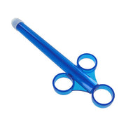 Blue lubricant launcher with finger loops and a cap.