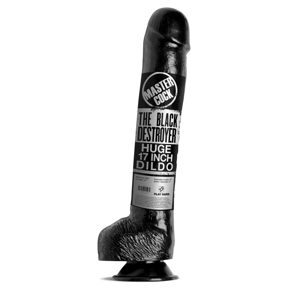 Black 17-inch PVC dildo with textured base and "The Black Destroyer" label.