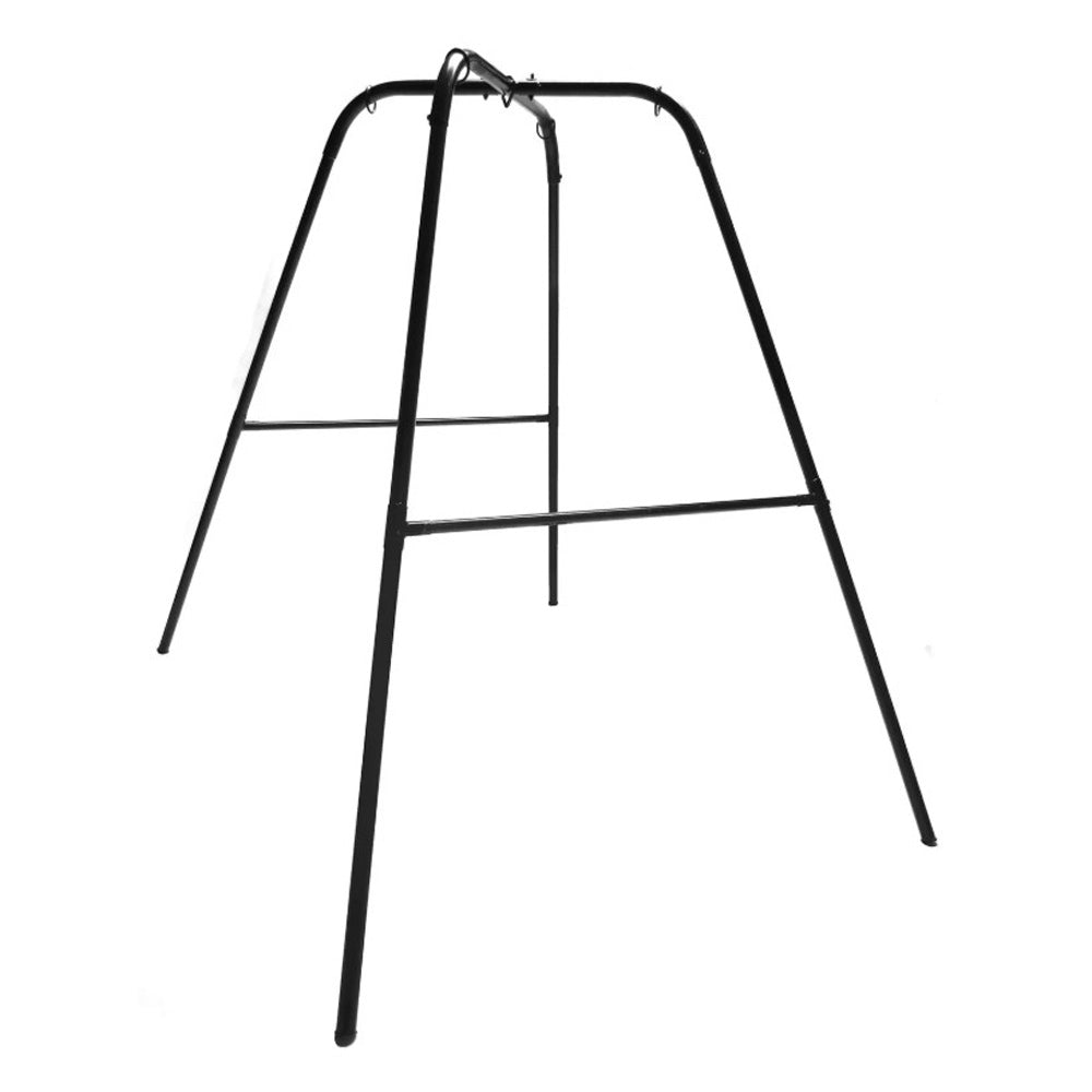 Black heavy-duty steel sex swing stand with a free-standing frame.