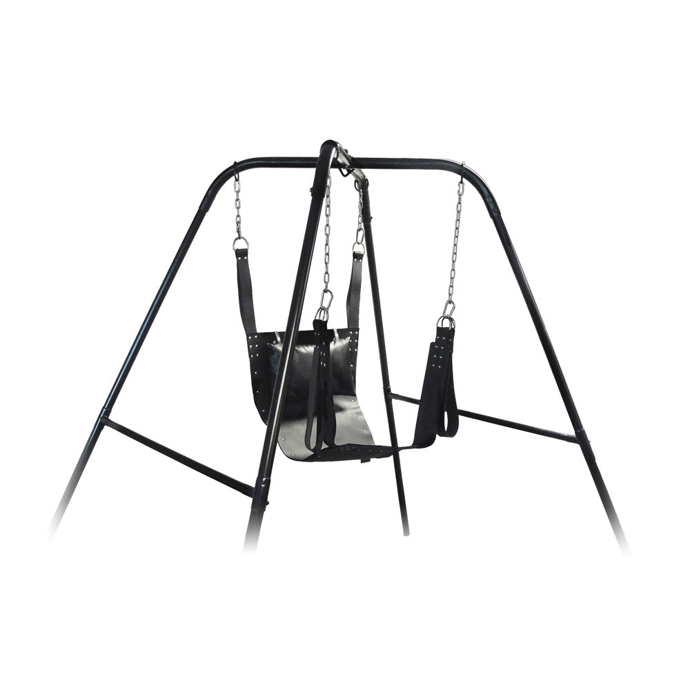 Black steel sex swing stand with a sling seat.