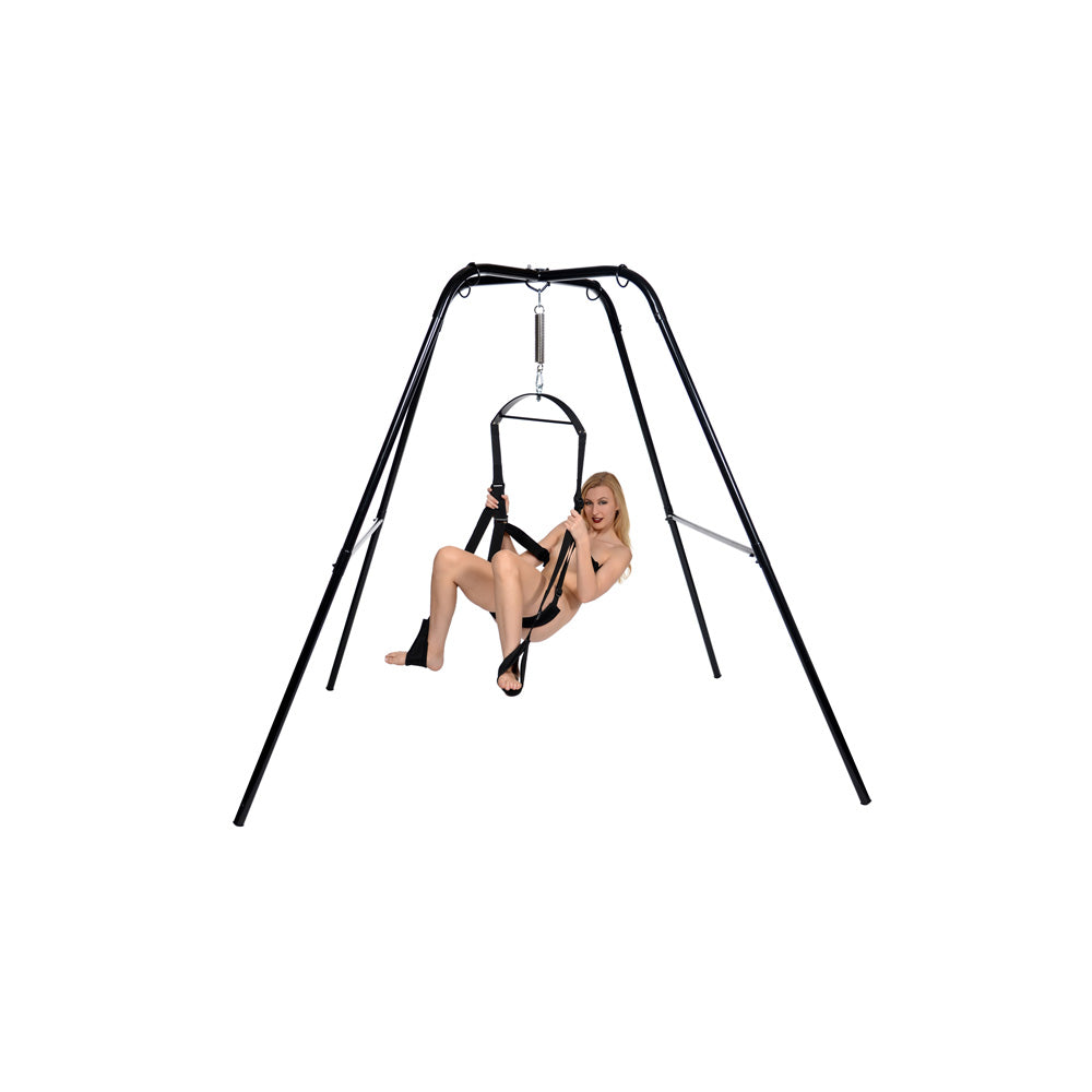 Black steel sex swing stand with a woman on a sling.