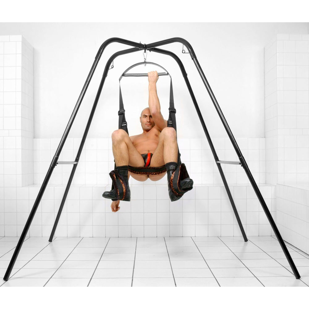 Heavy duty steel sex swing stand with a free-standing frame.