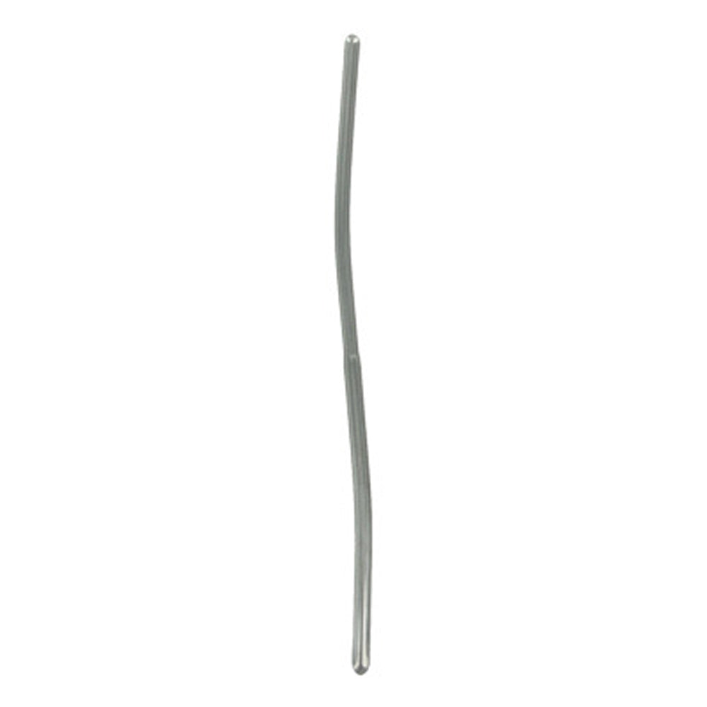 A curved, silver medical grade dilator.
