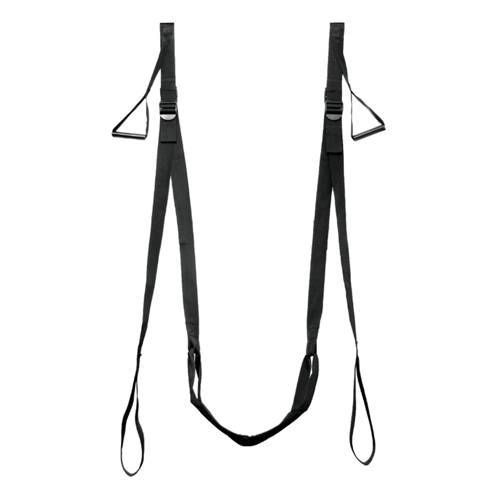 Black adjustable doorway swing with padded handles and straps.
