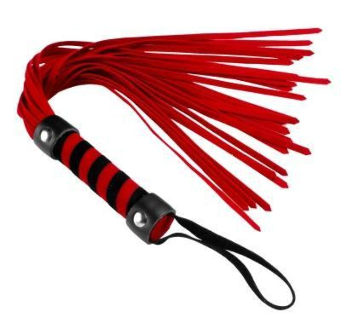 Short red and black suede flogger with a spiral handle.