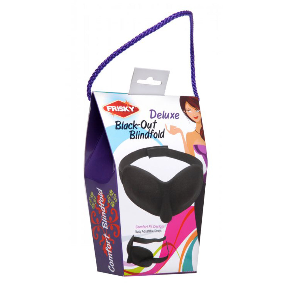Frisky Deluxe Black-Out Blindfold in a colorful box with a woman illustration.