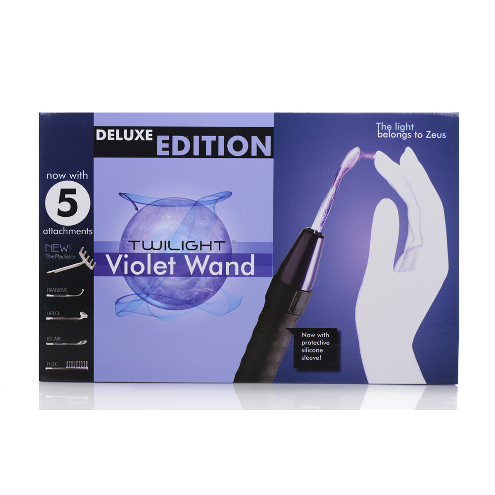 Twilight Violet Wand Deluxe Edition box with 5 attachments and a hand holding the wand.
