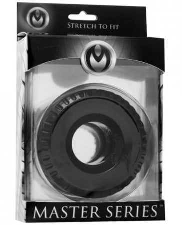 Black TPE cock ring and ball stretcher from the Master Series.