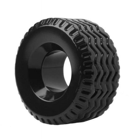 Black TPE cock ring and ball stretcher with tread pattern.