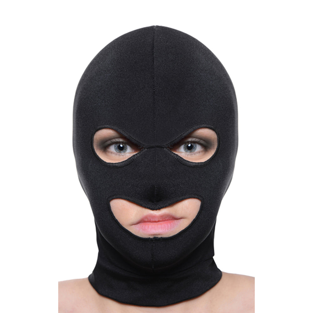 Black spandex hood with eye and mouth openings.