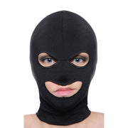 Black spandex hood with eye and mouth openings.