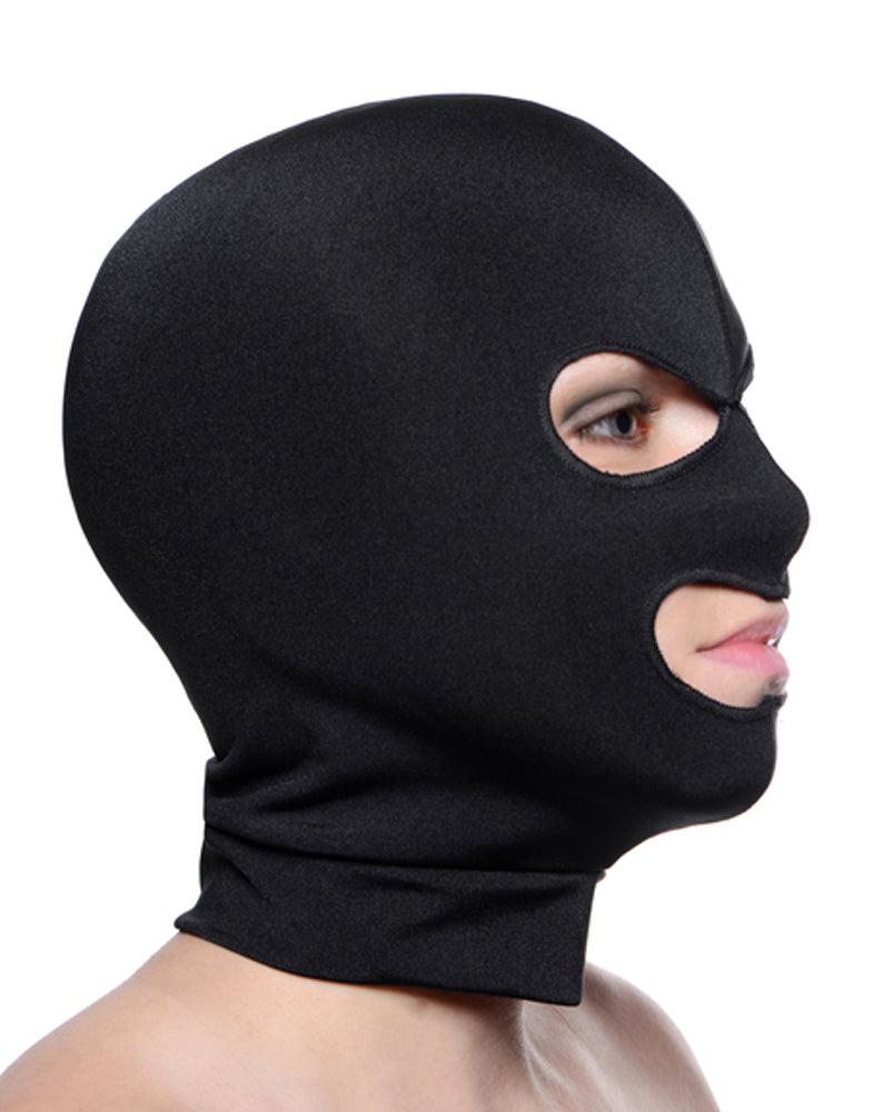 Black spandex hood with eye and mouth openings.