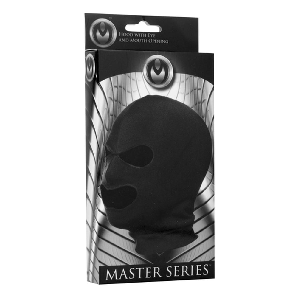 Black spandex hood with eye and mouth openings, Master Series.