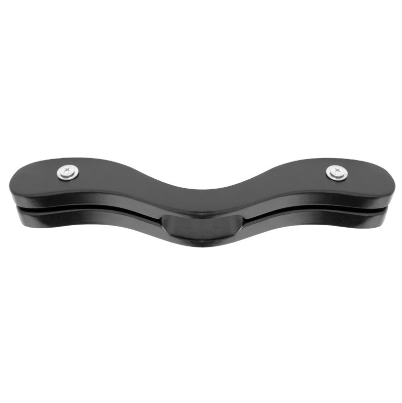 Black wooden humbler with adjustable wing nuts and a curved design.