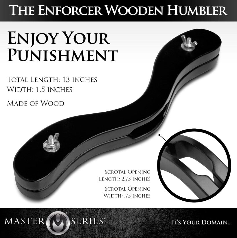 A black wooden humbler with adjustable wing nuts and scrotal opening.