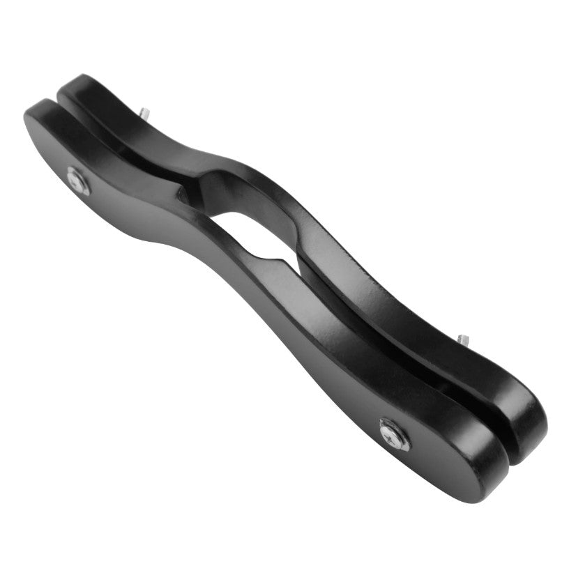 Adjustable black wooden BDSM restraint with a curved design.