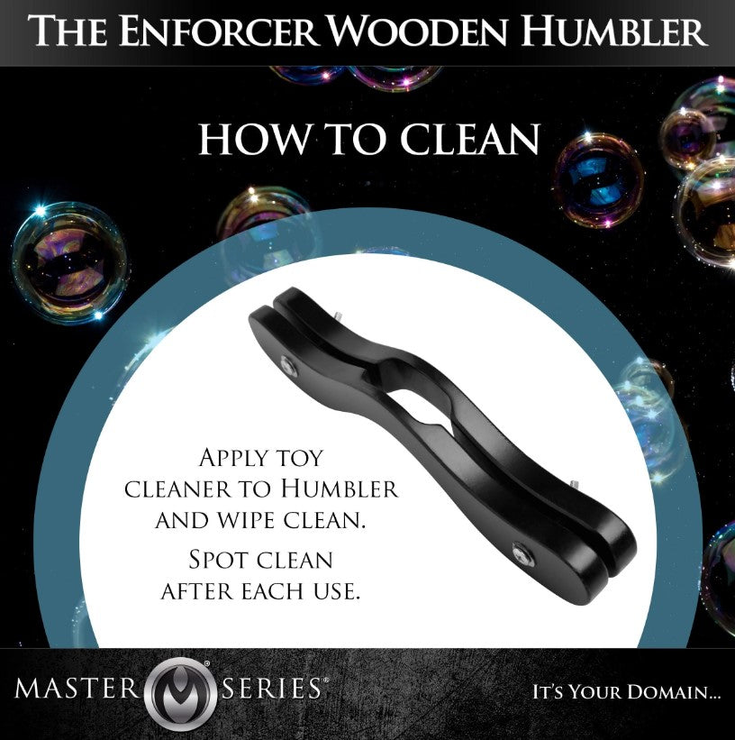 A black wooden humbler with instructions on how to clean it.
