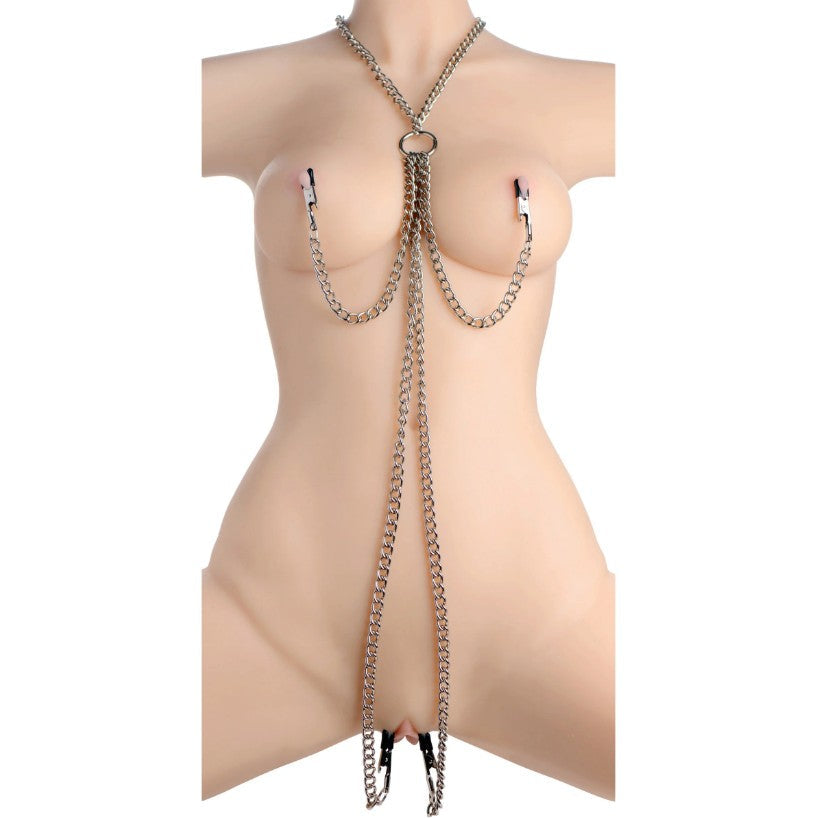 Chained nipple and clit clamp set with vinyl tips.