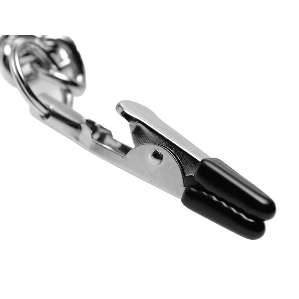 Metal clamp with black vinyl tips and a chain attachment.