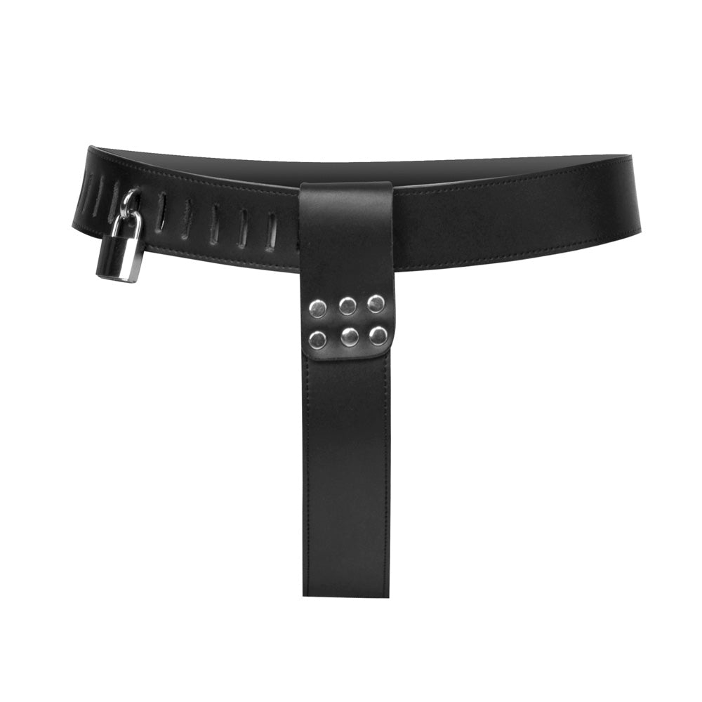 Adjustable black PU leather female chastity belt with padlock.