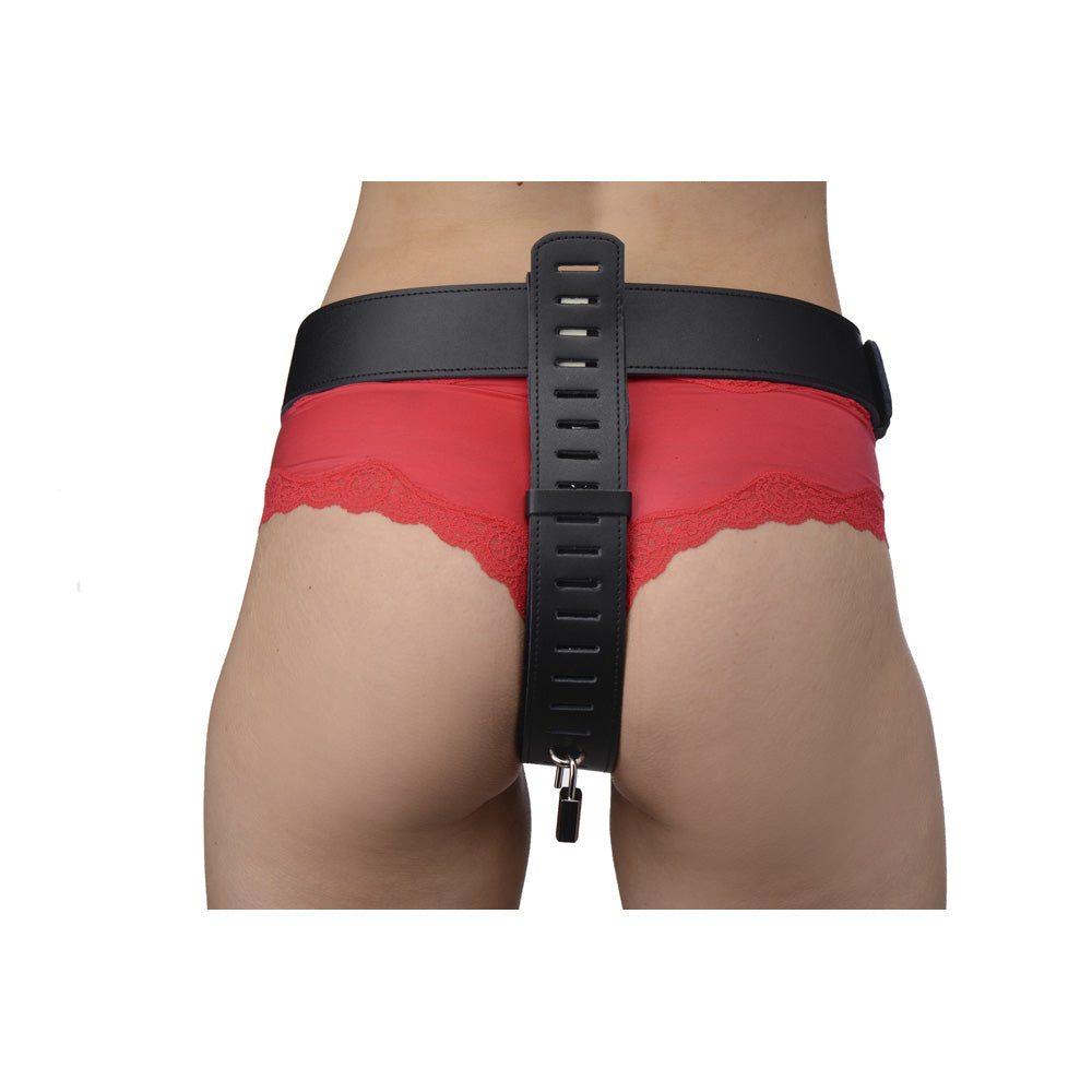 Adjustable black PU leather female chastity belt with a padlock.