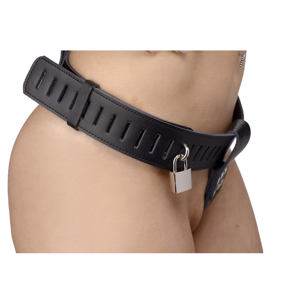 Adjustable black PU leather female chastity belt with a silver padlock.