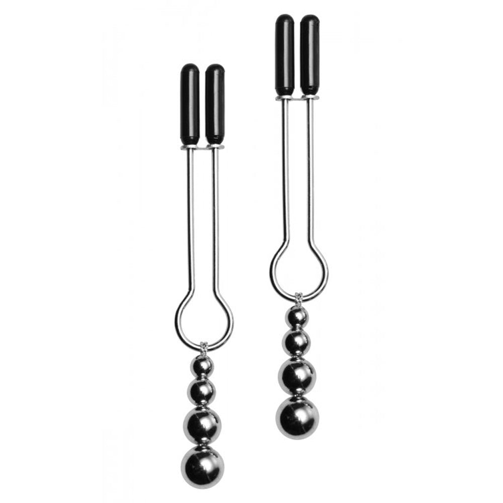 Silver nipple clamps with adjustable vinyl tips and three dangling beads.