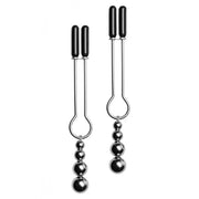 Silver nipple clamps with adjustable vinyl tips and three dangling beads.