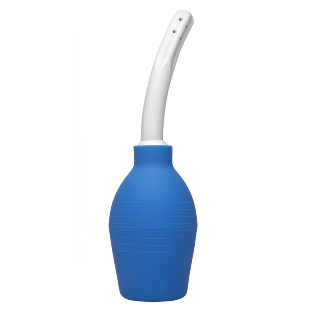 Blue PVC enema bulb with a curved white tip.