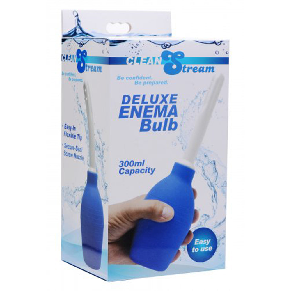 Blue PVC enema bulb with a white tip and "Deluxe Enema Bulb" text.