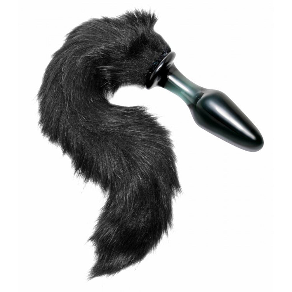 Black faux fur tail anal plug with a tapered glass insert.